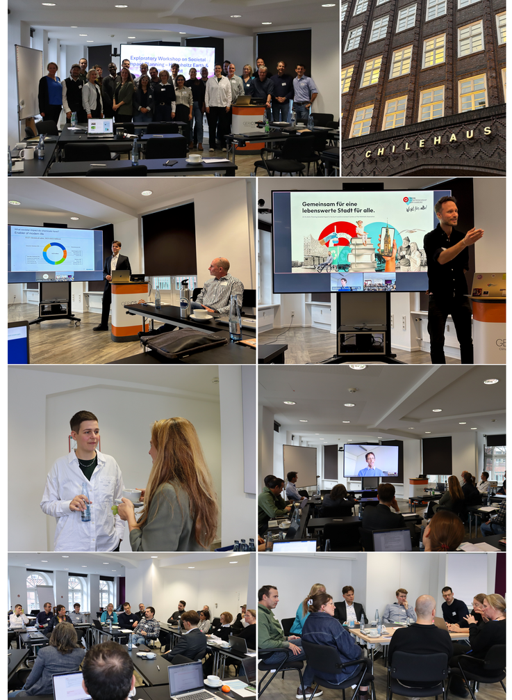 Fotos vom Workshop zur Planung von gesellschaftlichem Impact. Collage aus einem Gruppenfoto und Fotos der Vortragenden und Teilnehmenden beim Austausch.