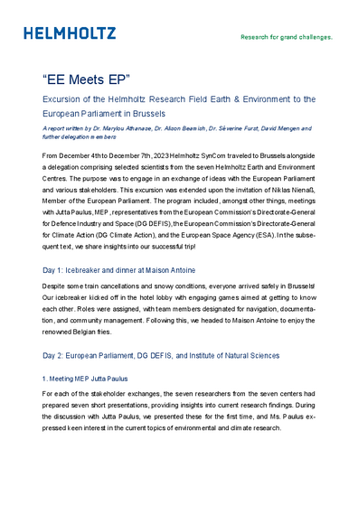 Helmholtz Earth and Environment meets the European Parliament and Stakeholders in Brussels - Report